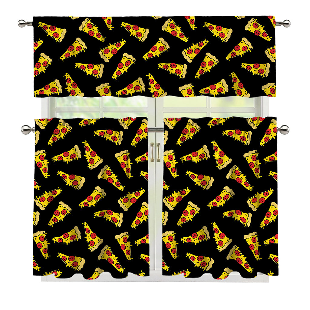 Black Pizza Pattern Print 3 Piece Kitchen Curtains