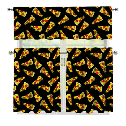 Black Pizza Pattern Print 3 Piece Kitchen Curtains