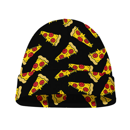 Black Pizza Pattern Print Beanie