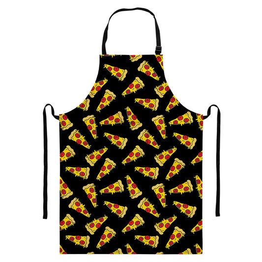 Black Pizza Pattern Print Bib Apron With Pocket
