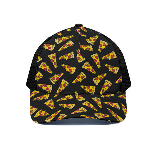 Black Pizza Pattern Print Black Mesh Trucker Cap
