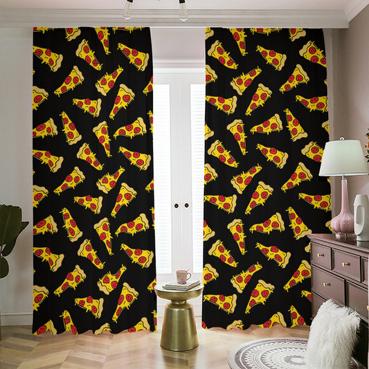 Black Pizza Pattern Print Blackout Pencil Pleat Curtains
