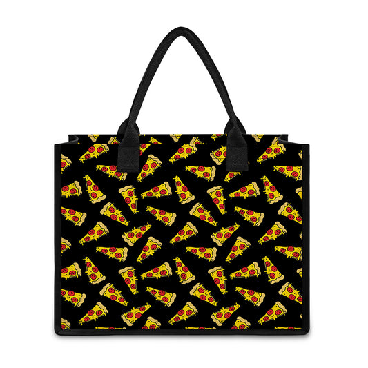 Black Pizza Pattern Print Canvas Tote Bag