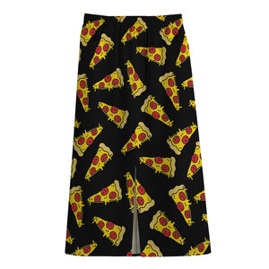 Black Pizza Pattern Print Cotton Front Slit Maxi Skirt