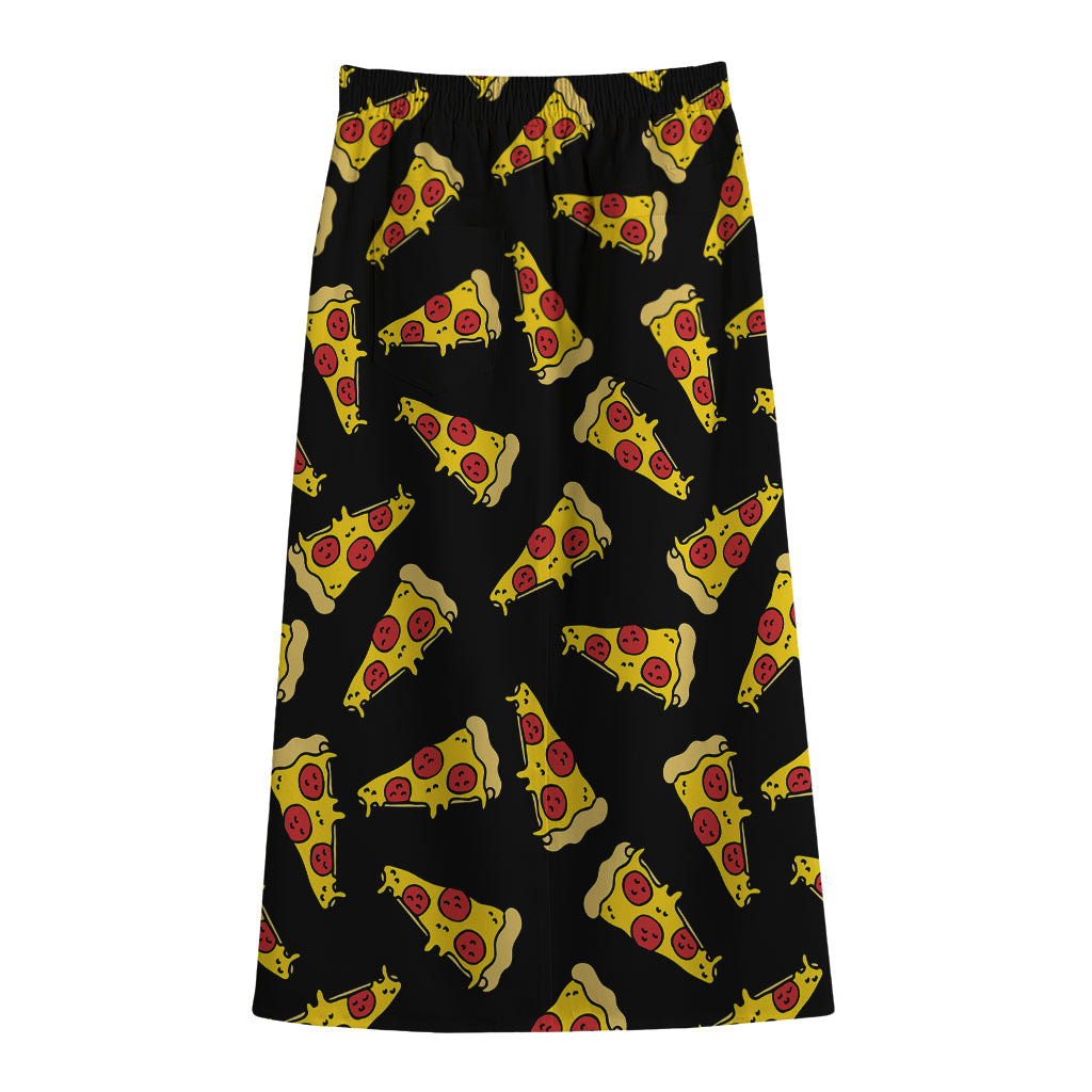 Black Pizza Pattern Print Cotton Front Slit Maxi Skirt