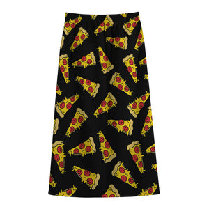 Black Pizza Pattern Print Cotton Front Slit Maxi Skirt