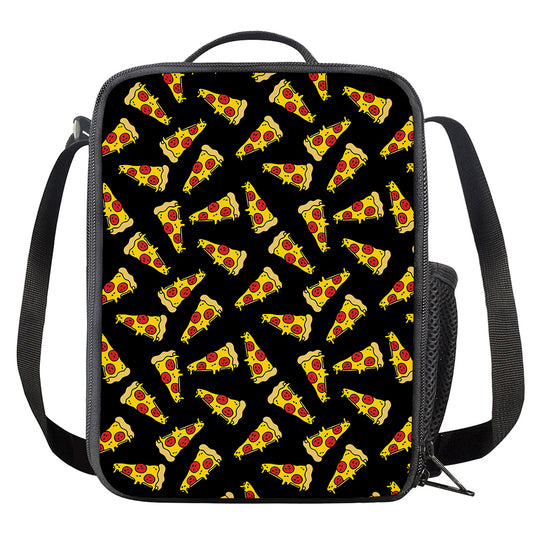 Black Pizza Pattern Print Crossbody Lunch Bag