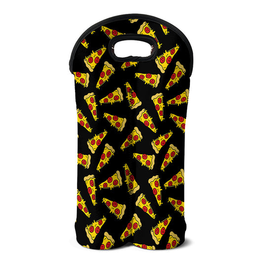 Black Pizza Pattern Print Double Neoprene Wine Tote