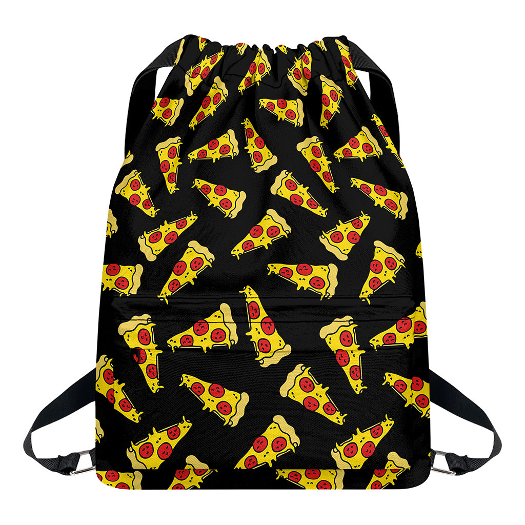 Black Pizza Pattern Print Drawstring Backpack