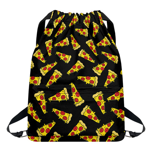 Black Pizza Pattern Print Drawstring Backpack
