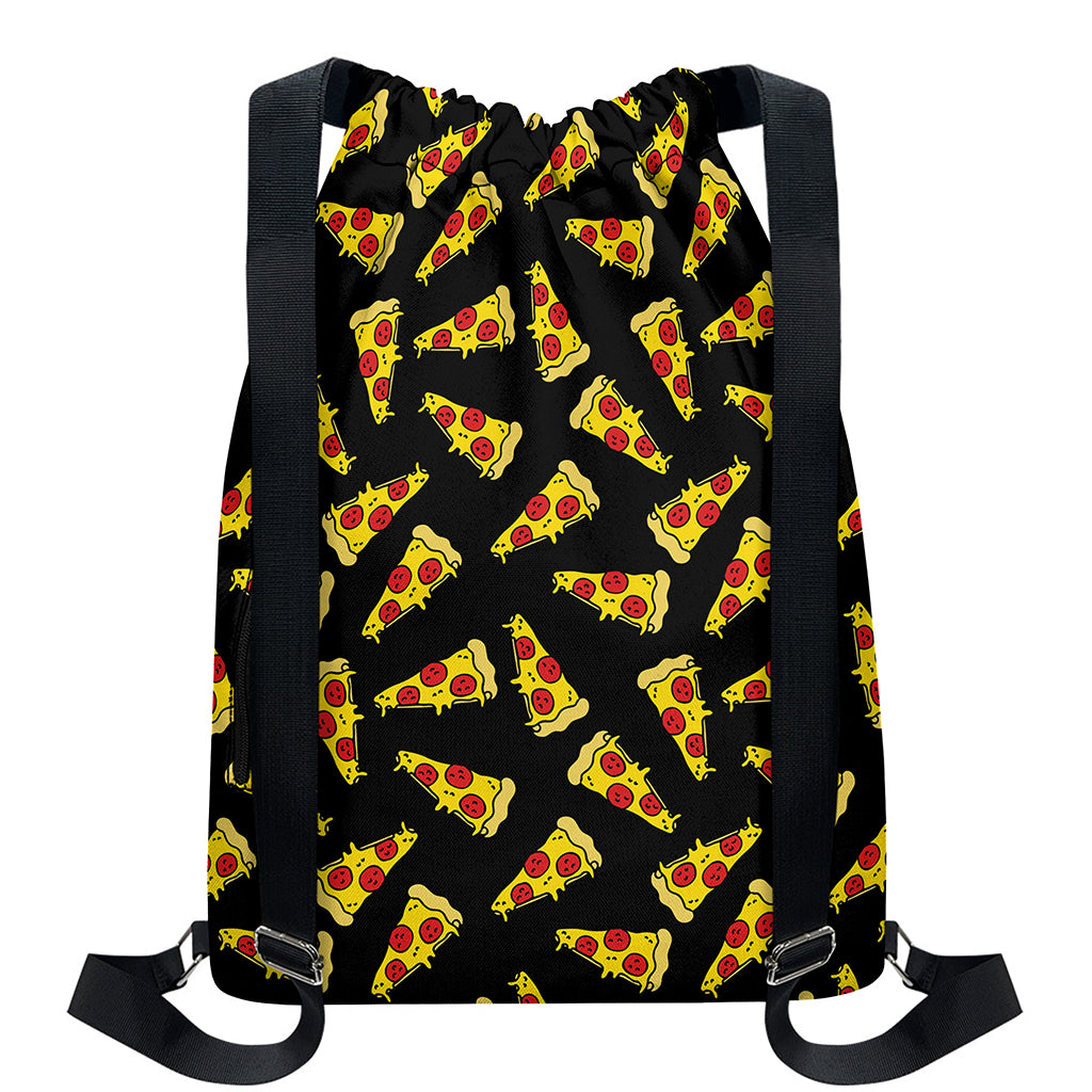 Black Pizza Pattern Print Drawstring Backpack