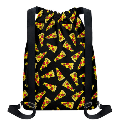 Black Pizza Pattern Print Drawstring Backpack