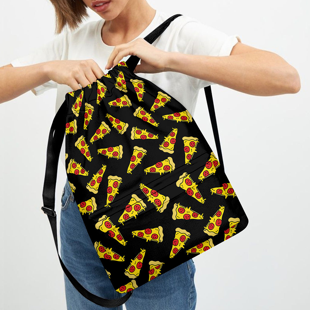 Black Pizza Pattern Print Drawstring Backpack