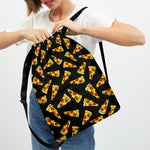Black Pizza Pattern Print Drawstring Backpack