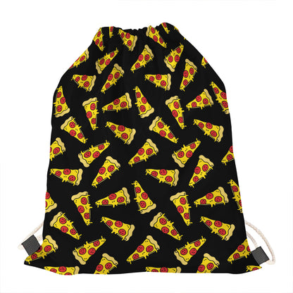 Black Pizza Pattern Print Drawstring Bag