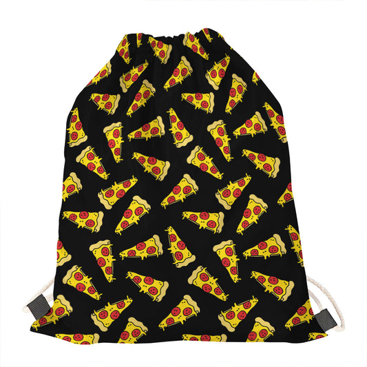 Black Pizza Pattern Print Drawstring Bag