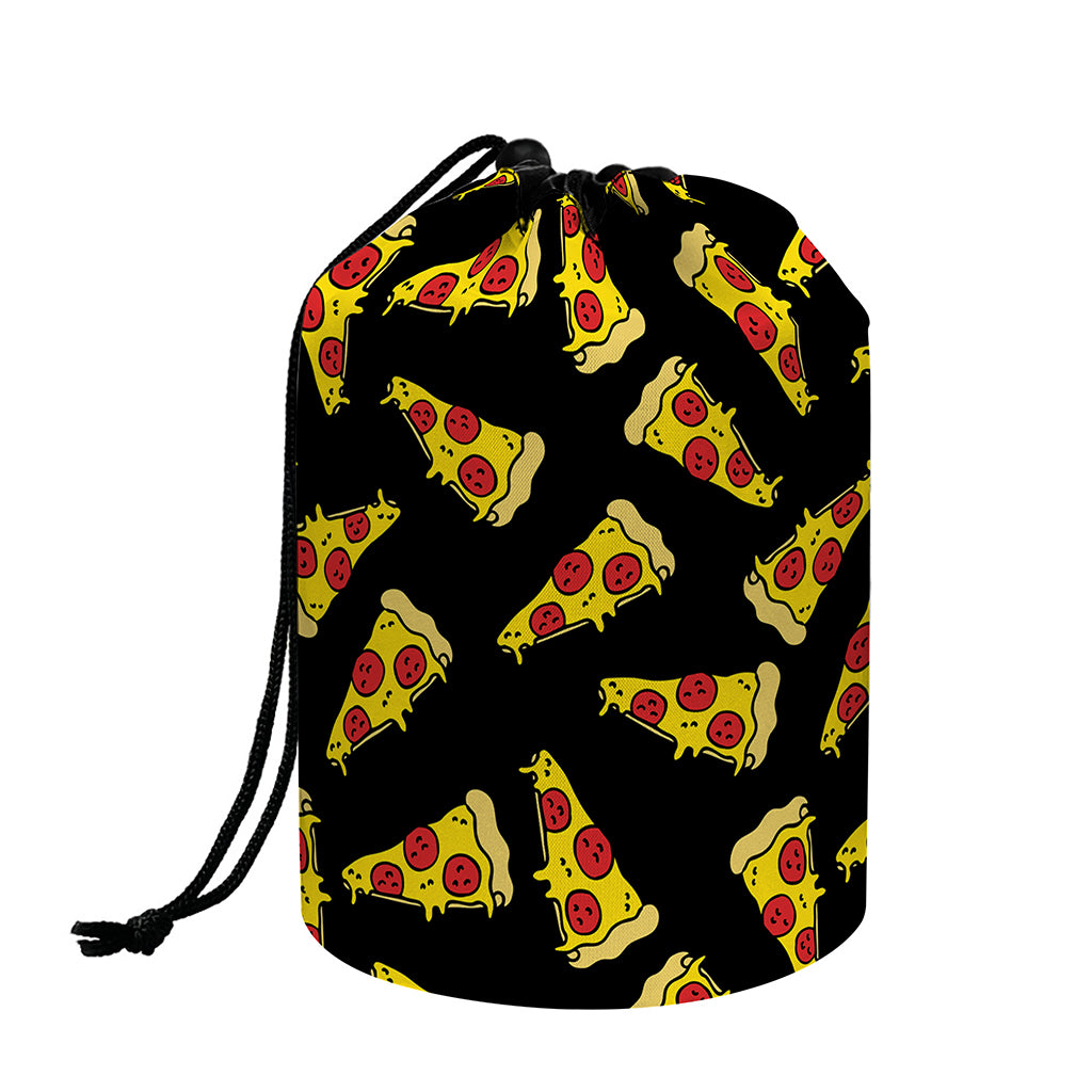 Black Pizza Pattern Print Drawstring Makeup Bag