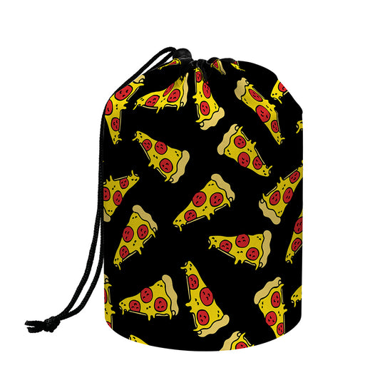 Black Pizza Pattern Print Drawstring Makeup Bag