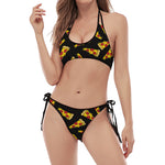 Black Pizza Pattern Print Halter Scoop Tie Side Bikini