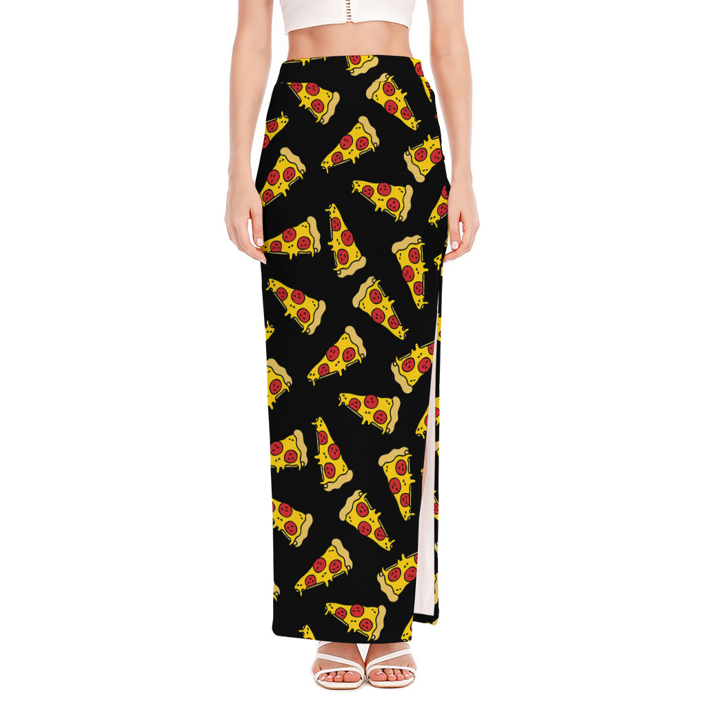 Black Pizza Pattern Print High Slit Maxi Skirt