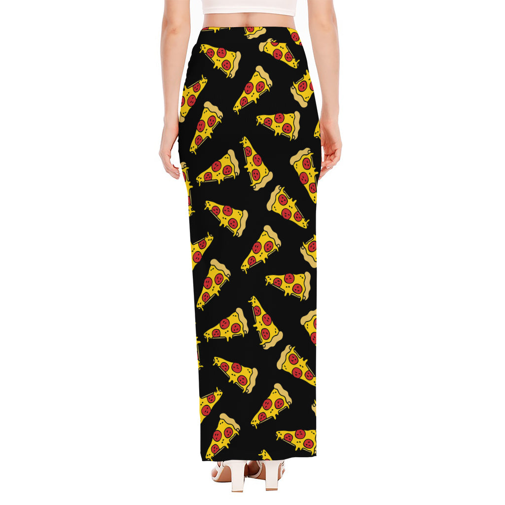 Black Pizza Pattern Print High Slit Maxi Skirt