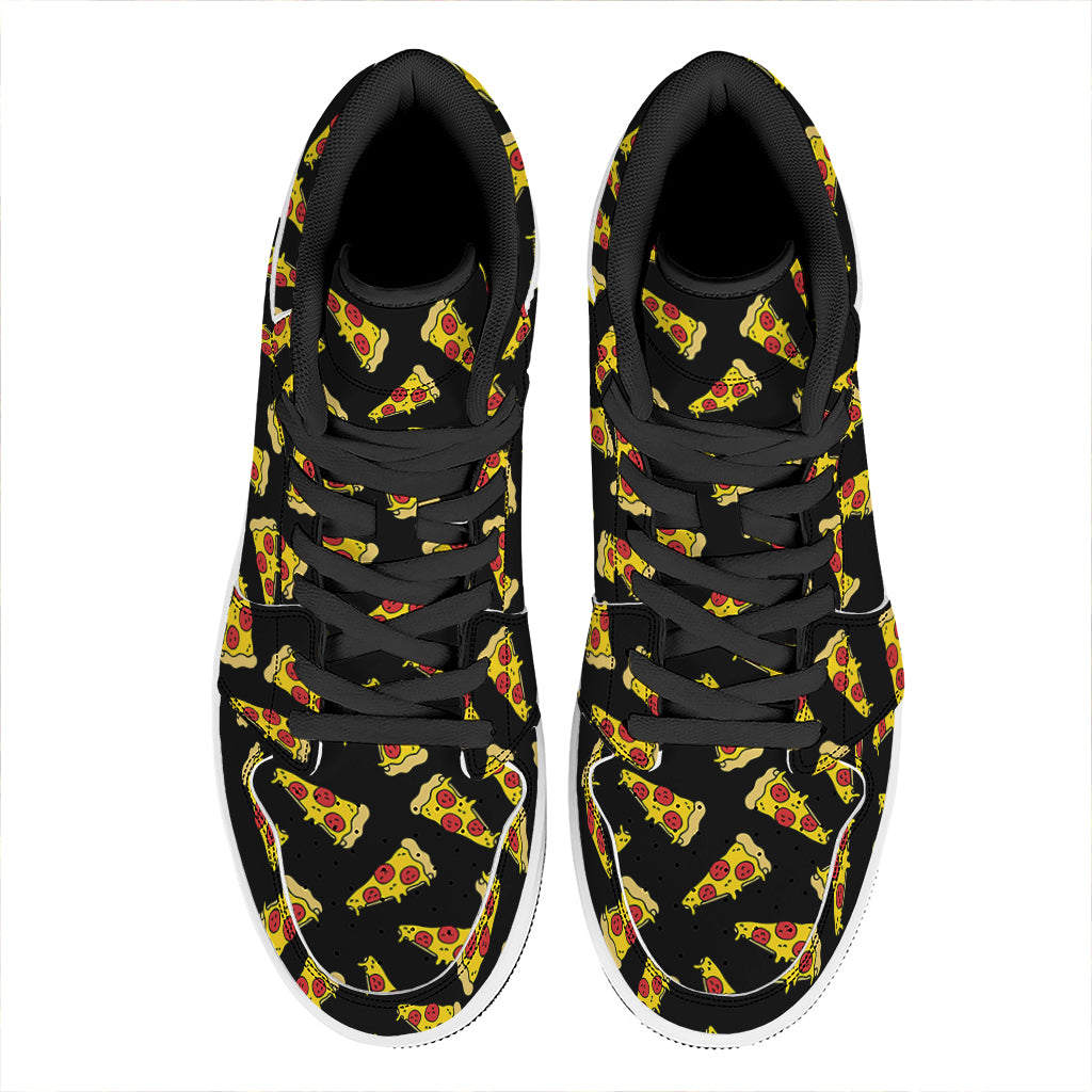 Black Pizza Pattern Print High Top Leather Sneakers