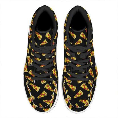 Black Pizza Pattern Print High Top Leather Sneakers