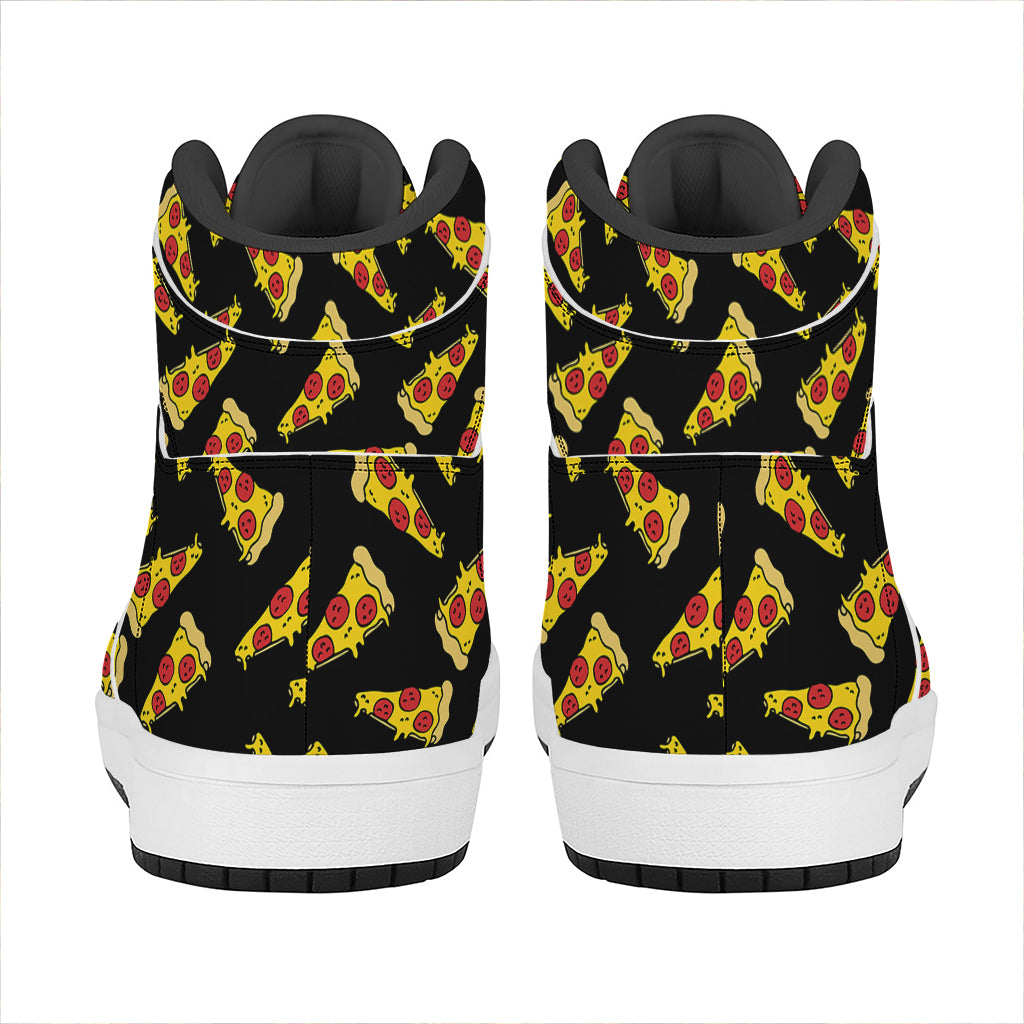 Black Pizza Pattern Print High Top Leather Sneakers