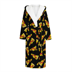 Black Pizza Pattern Print Hooded Bathrobe