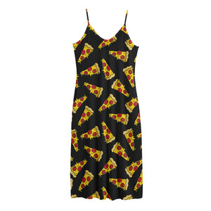 Black Pizza Pattern Print Jersey Midi Cami Dress