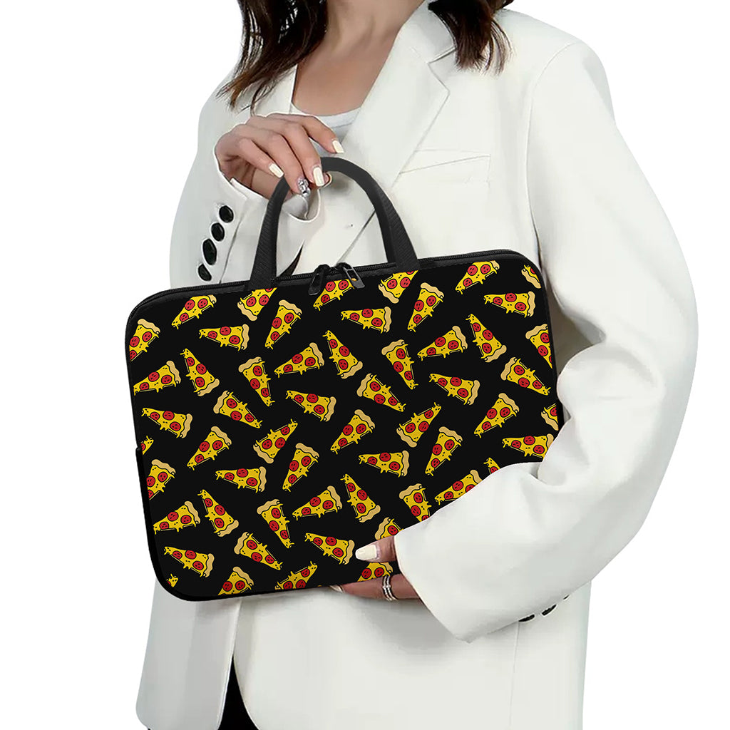 Black Pizza Pattern Print Laptop Sleeve With Handle