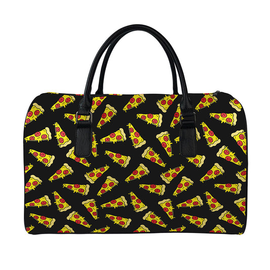 Black Pizza Pattern Print Leather Duffle Bag