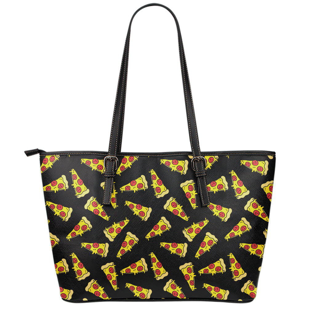 Black Pizza Pattern Print Leather Tote Bag