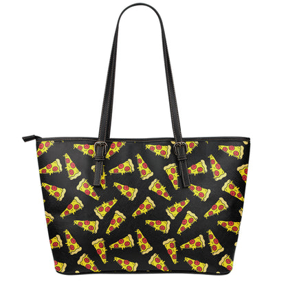 Black Pizza Pattern Print Leather Tote Bag