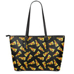 Black Pizza Pattern Print Leather Tote Bag