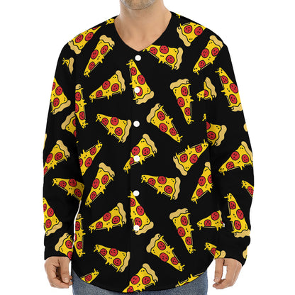 Black Pizza Pattern Print Long Sleeve Baseball Jersey