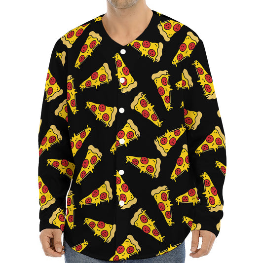 Black Pizza Pattern Print Long Sleeve Baseball Jersey