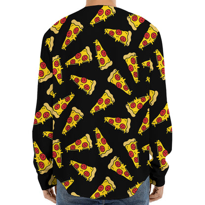 Black Pizza Pattern Print Long Sleeve Baseball Jersey