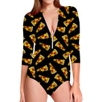Black Pizza Pattern Print Long Sleeve Swimsuit
