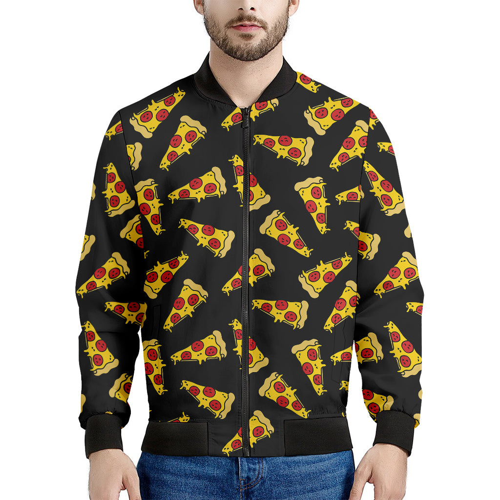 Black Pizza Pattern Print Men's Bomber Jacket