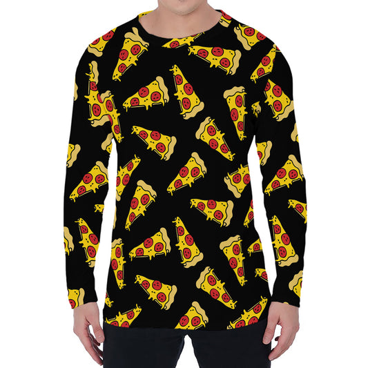 Black Pizza Pattern Print Men's Long Sleeve T-Shirt