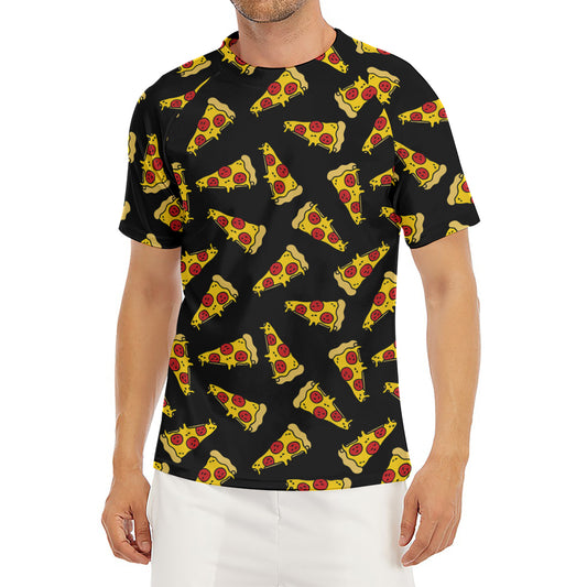Black Pizza Pattern Print Men's Short Sleeve Rash Guard