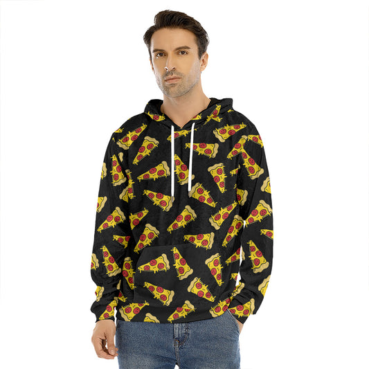 Black Pizza Pattern Print Men's Velvet Pullover Hoodie