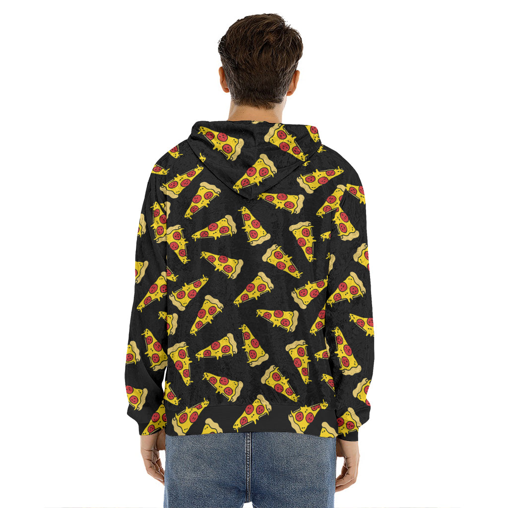 Black Pizza Pattern Print Men's Velvet Pullover Hoodie