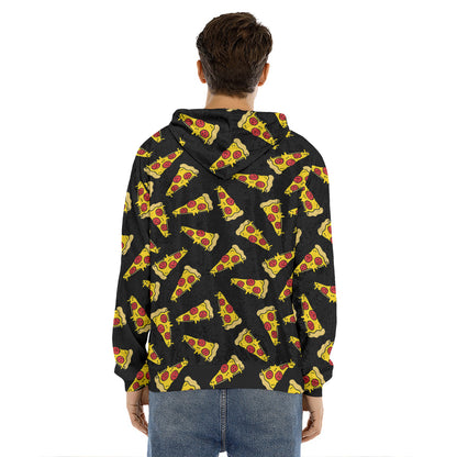 Black Pizza Pattern Print Men's Velvet Pullover Hoodie