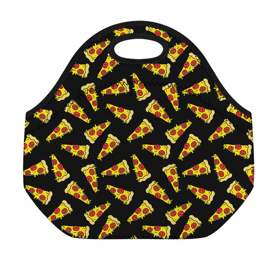 Black Pizza Pattern Print Neoprene Lunch Bag