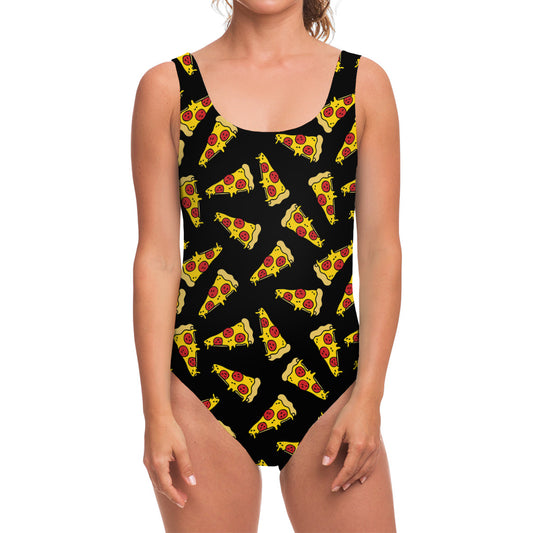 Black Pizza Pattern Print One Piece Swimsuit