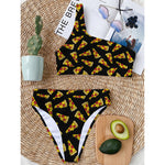 Black Pizza Pattern Print One Shoulder Bikini Top