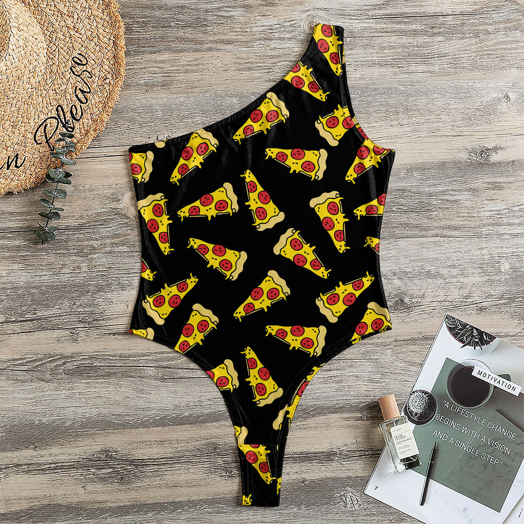 Black Pizza Pattern Print One Shoulder Bodysuit