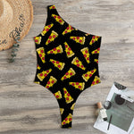 Black Pizza Pattern Print One Shoulder Bodysuit